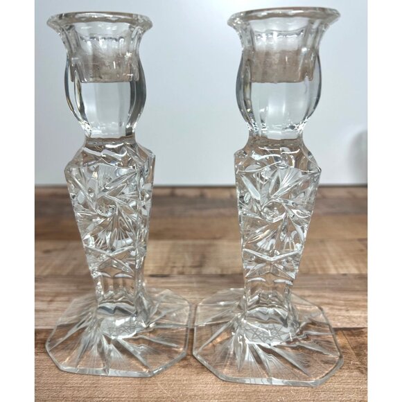 Vintage Crystal Starburst Pattern Candlestick Holders Set Of 2 - Picture 2 of 4